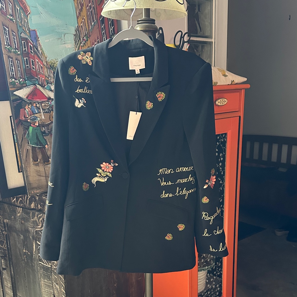 Embroidered French Script Black Women's Blazer Jacket